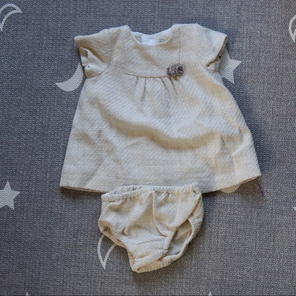 Zara Mini Cream Short Sleeves Back Button Down Dress With Bloomer Size 3/6M 68cm